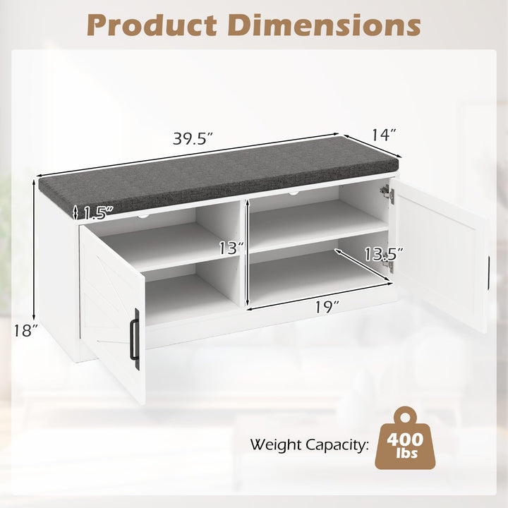 Giantex Shoe Storage Bench with Cushion, 2-Tier Entryway Bench w/2 Barn Doors &amp; 2 Adjustable Shelves
