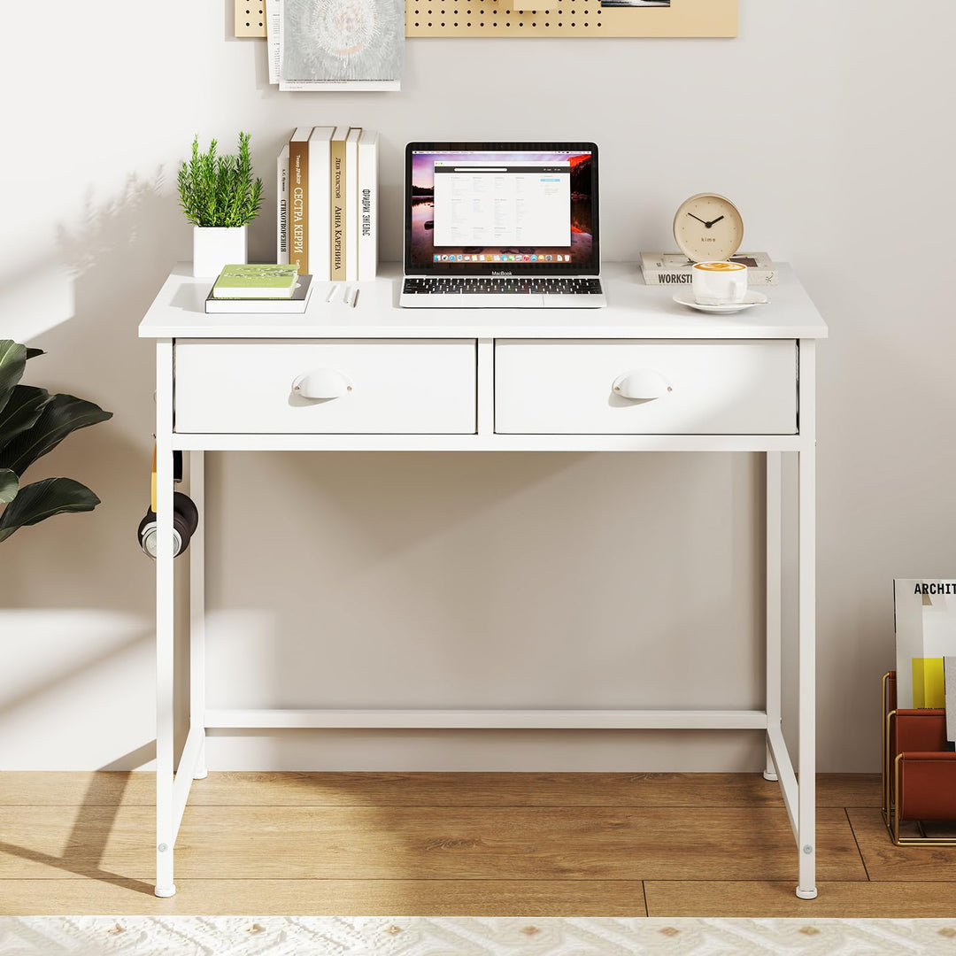 Giantex Small Computer Desk with Fabric Drawers, 36 Inch Home Office Desk with 4 Hanging Hooks &amp; Metal Frame