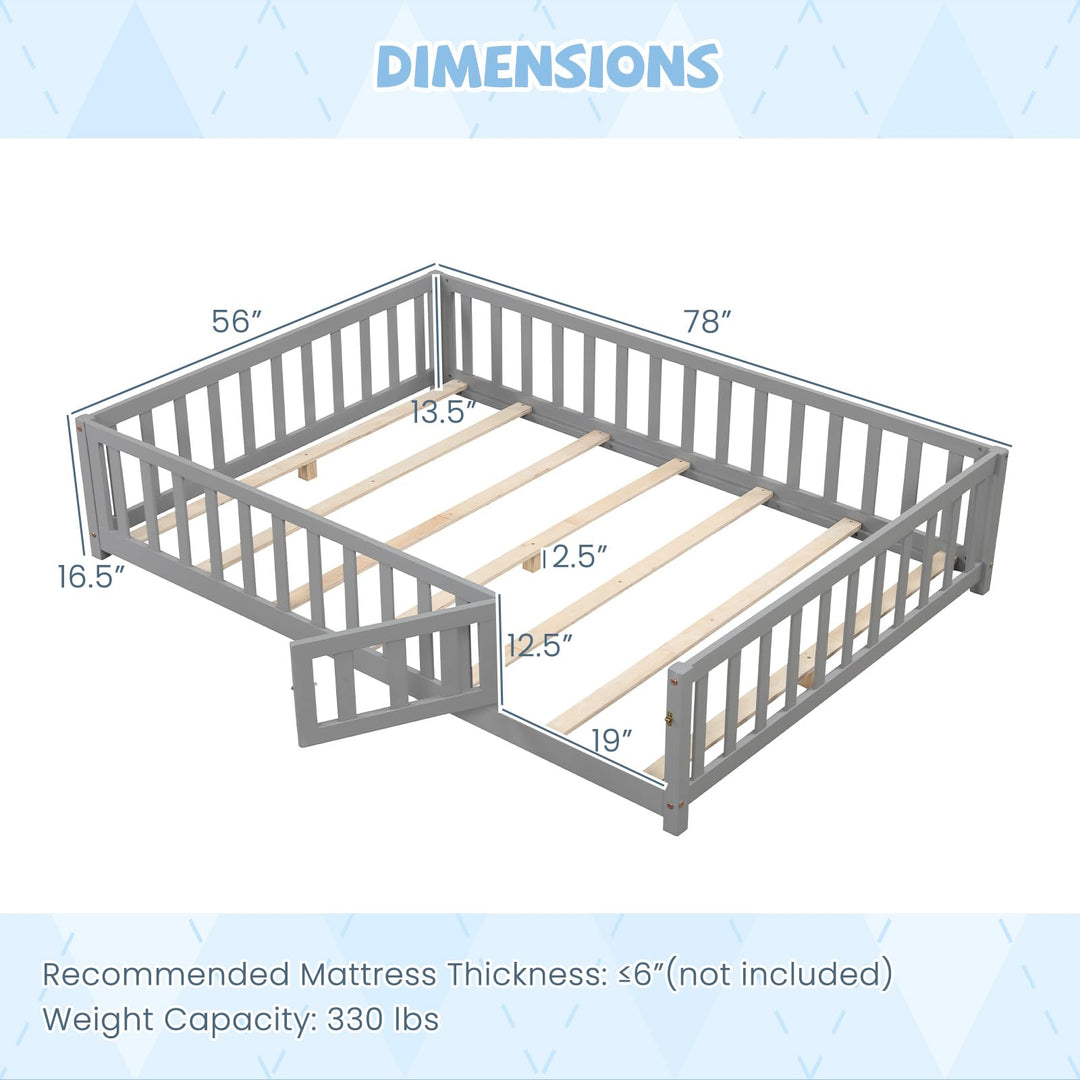 Giantex Full Size Floor Bed for Kids, Montessori Floor Bed with Wood Slats &amp; Safety Guardrails