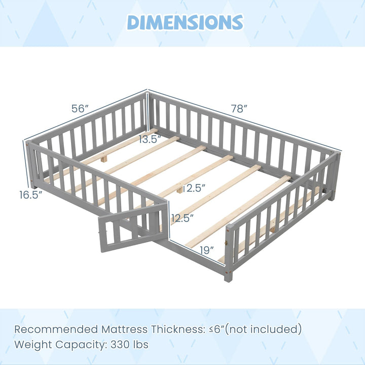 Giantex Full Size Floor Bed for Kids, Montessori Floor Bed with Wood Slats &amp; Safety Guardrails