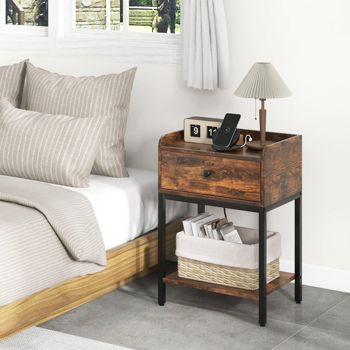 Giantex Nightstand with Charging Station, Industrial Bedside Table with Storage Drawer &amp; Open Shelf