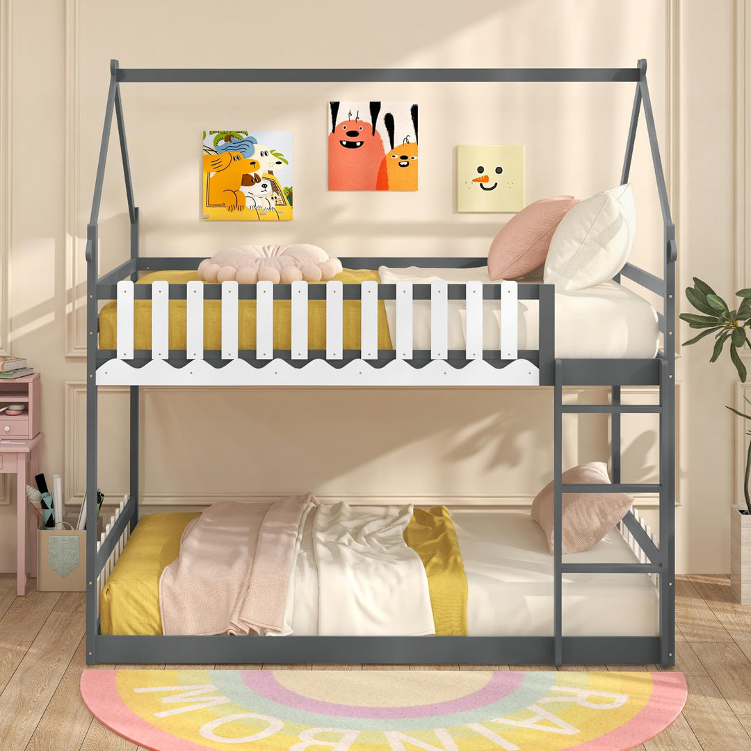 Giantex Bunk Bed Twin Over Twin, Wood House Low Bunk Bed with Ladder &amp; Fence Safety Guardrail
