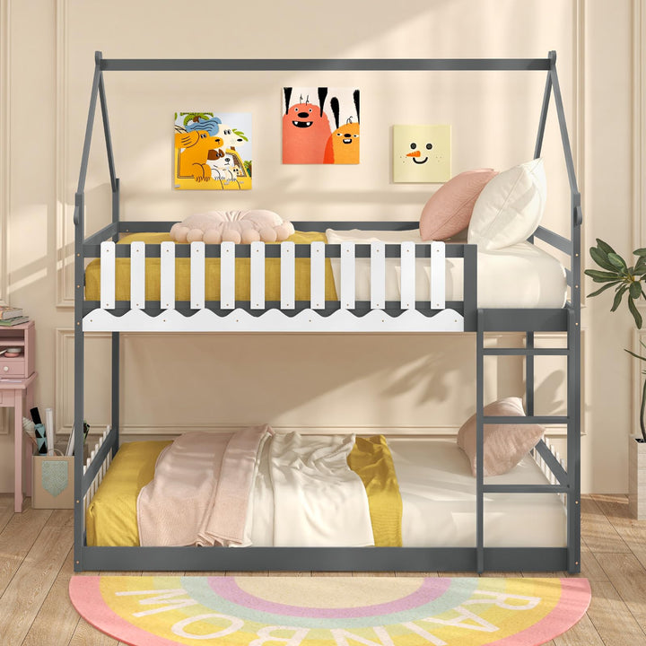 Giantex Bunk Bed Twin Over Twin, Wood House Low Bunk Bed with Ladder &amp; Fence Safety Guardrail