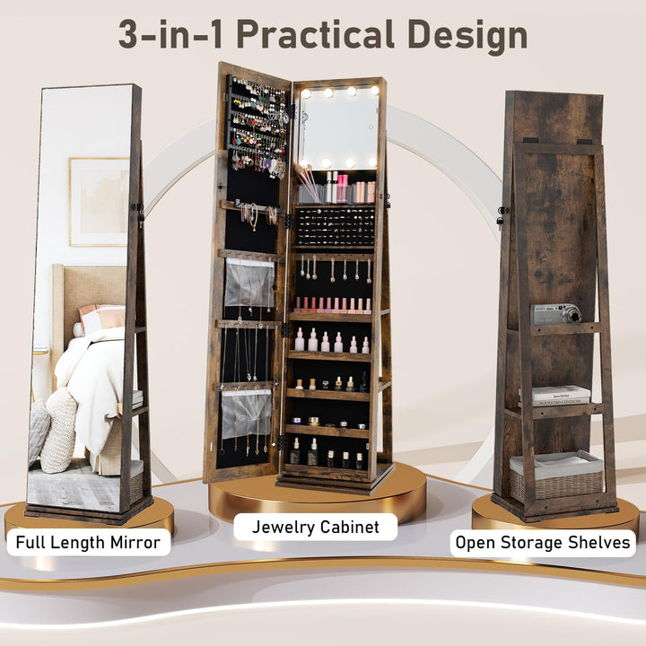 CHARMAID Swivel Jewelry Armoire with Full-Length Mirror &amp; Lighted Makeup Mirror