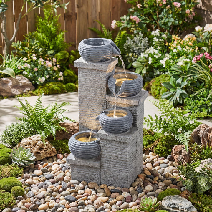 Giantex 4-Tier Water Fountain Outdoor with Warm LED Lights &amp; Pump