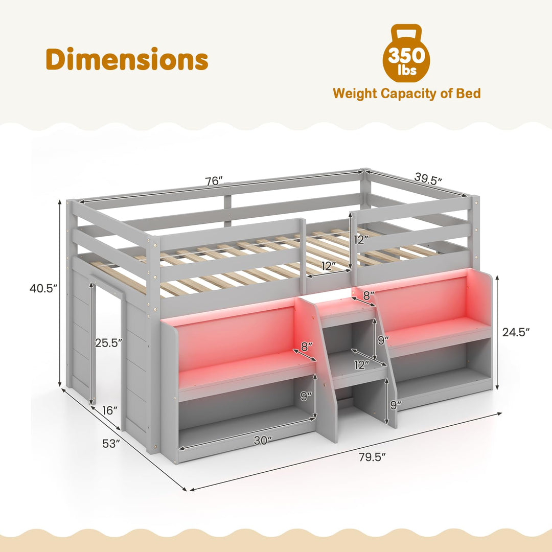 Giantex Low Loft Bed with LED Lights, Wooden Twin Loft Bed with Stairs &amp; Safety Guardrail