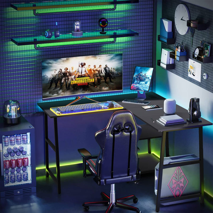 Giantex L Shaped Desk with Power Outlets &amp; USB Ports, 48" Corner Gaming Desk with 2 Tier Storage Shelves