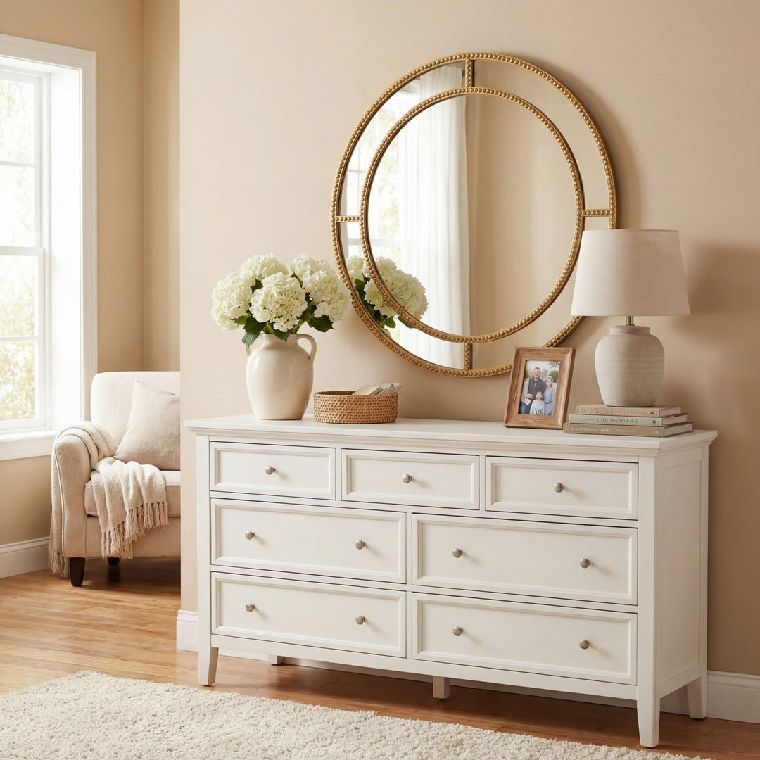 CHARMAID 28" Gold Round Wall Mirror with Beaded Frame