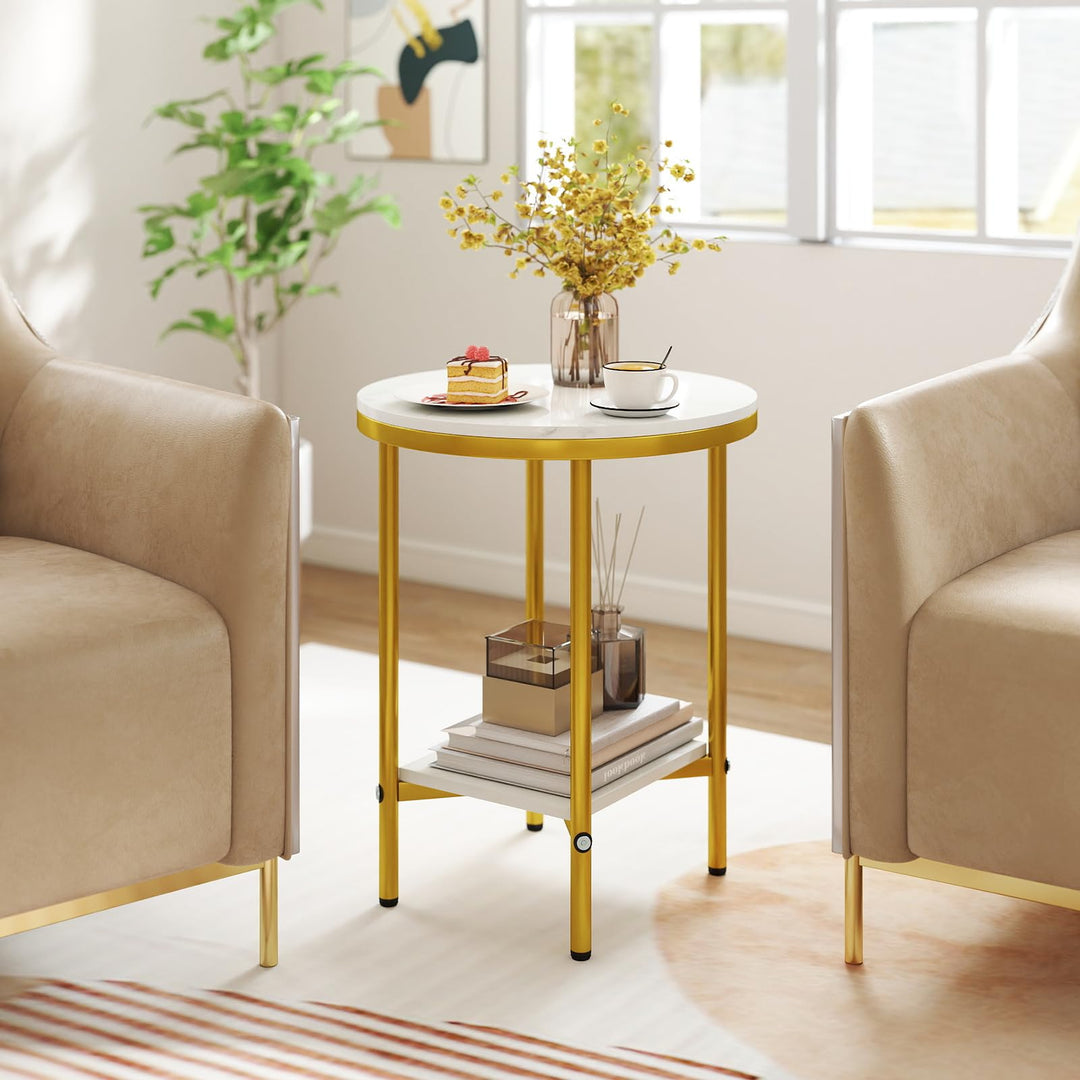 Giantex Round Side Table 2-Tier Faux Marble Sofa Side Coffee Table w/Gold Frame &amp; Open Shelf