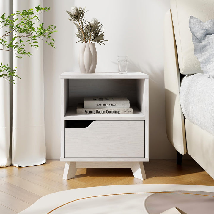Giantex 2 Tier Nightstand, Mid Century Modern Bedside Table with Storage Drawer &amp; Open Shelf