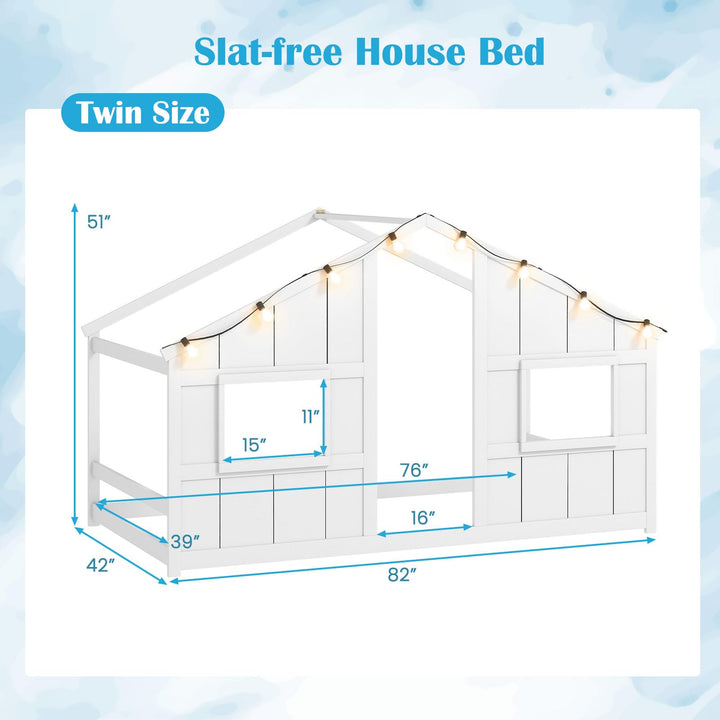 Giantex Twin Kids House Bed with Light Bulbs Wooden Montessori Floor Bed Frame with Roof &amp; Windows