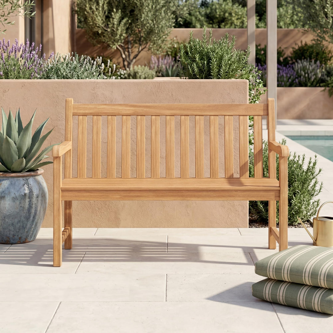 GIANTEX 51" Teak Wood 2-Person Patio Bench with Armrests