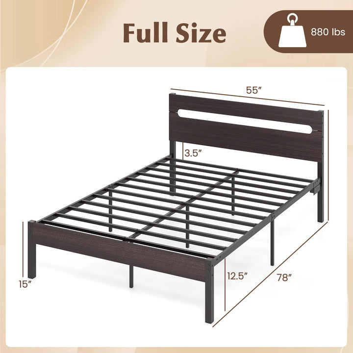 Giantex Full Size LED Bed Frame with Charging Station Rustic Metal Platform Bed