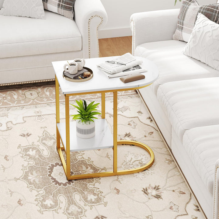 Giantex C Shaped End Table with Faux Marble Tabletop and Storage Shelf