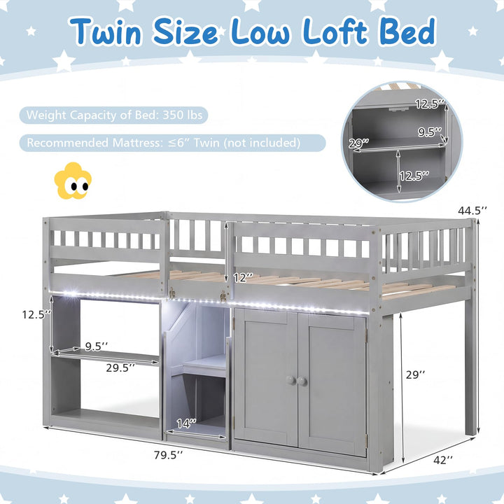 Giantex Low Loft Bed Twin Size with LED Lights, Wooden Bed Frame