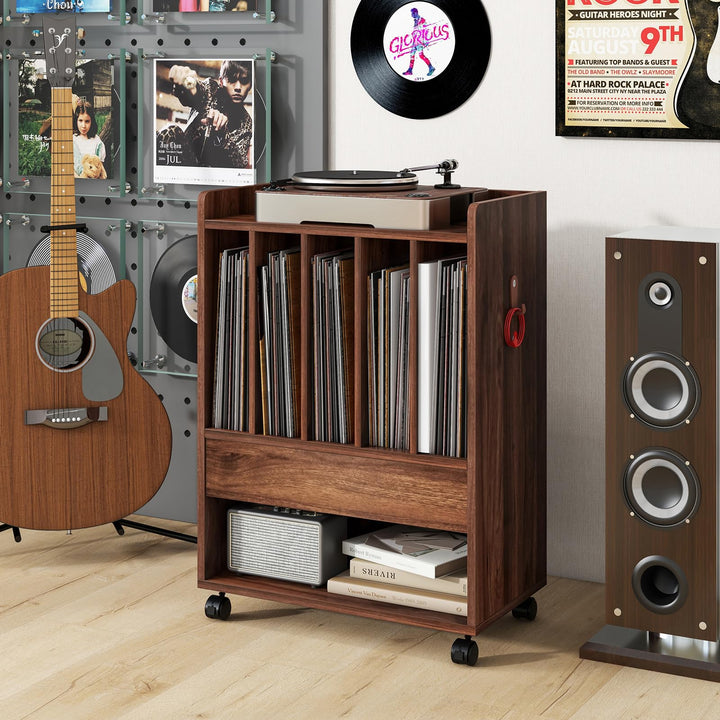 Giantex Record Player Stand, Rolling Turntable Stand with Drawer, Hook &amp; Lockable Wheels