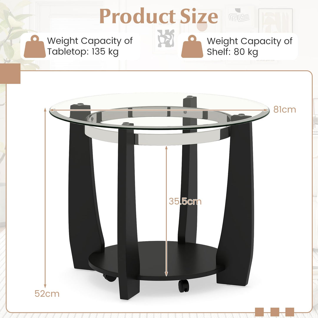Giantex Round Glass Coffee Table 32" Rolling Center Tables with Wheels