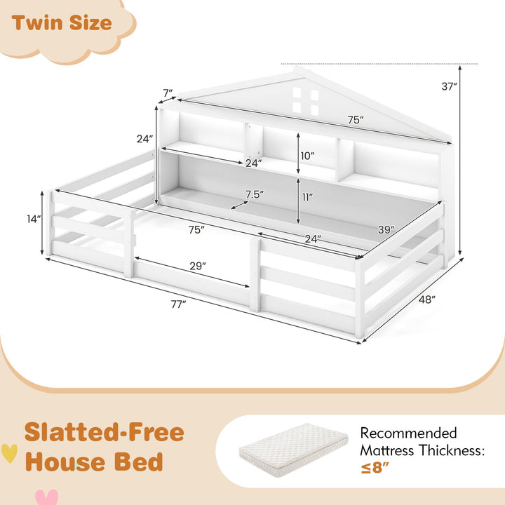Giantex Montessori Floor Bed with LED Lights 2-in-1 Wooden House Bed Frame with Safety Guardrails