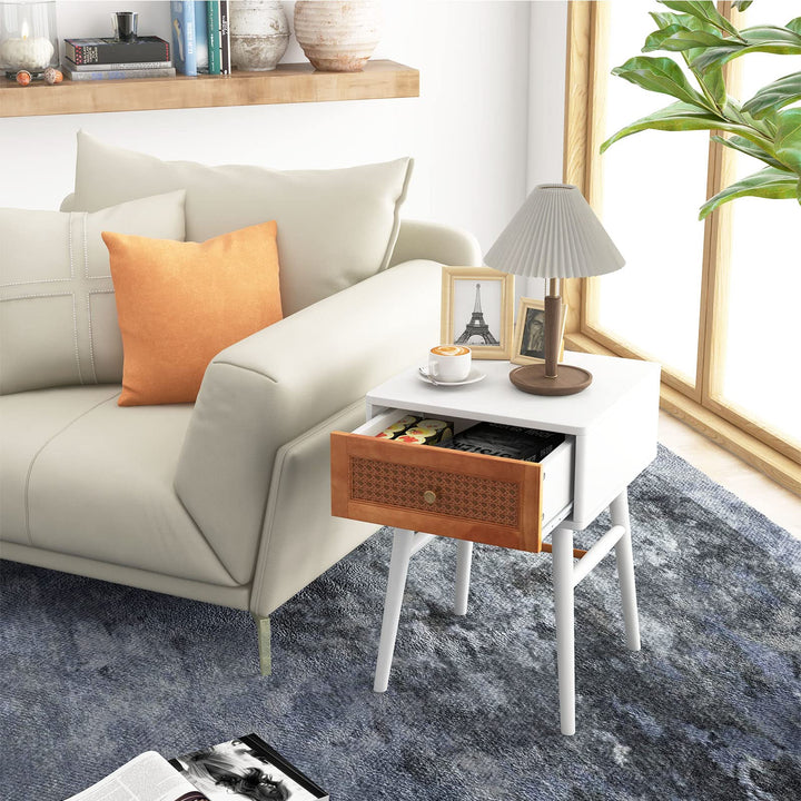 Giantex Rattan Nightstand, Boho End Side Table with Rattan Decorated Storage Drawer &amp; Solid Wood Legs
