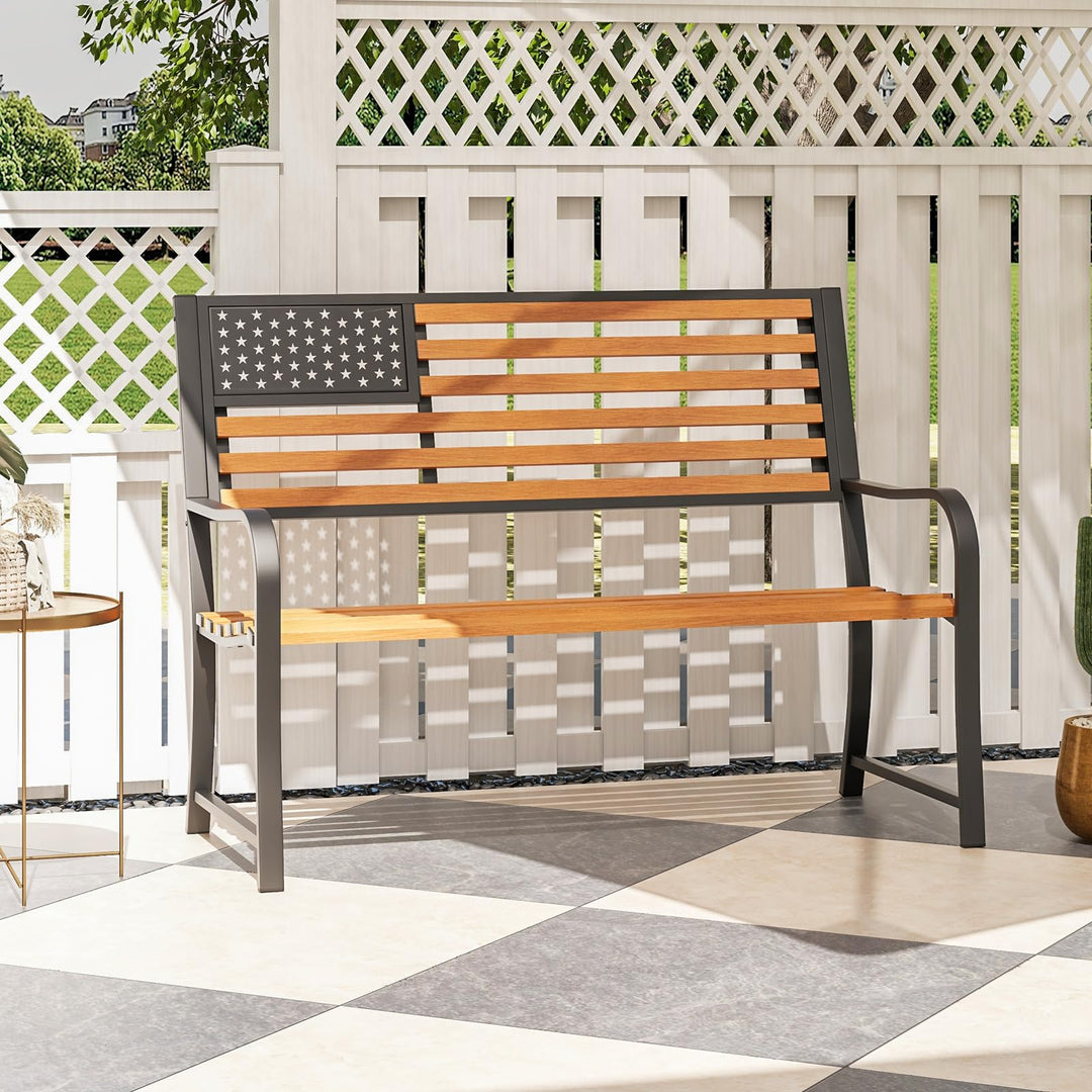 Giantex Outdoor Bench, 2-Person Metal Garden Bench with American Flag Backrest