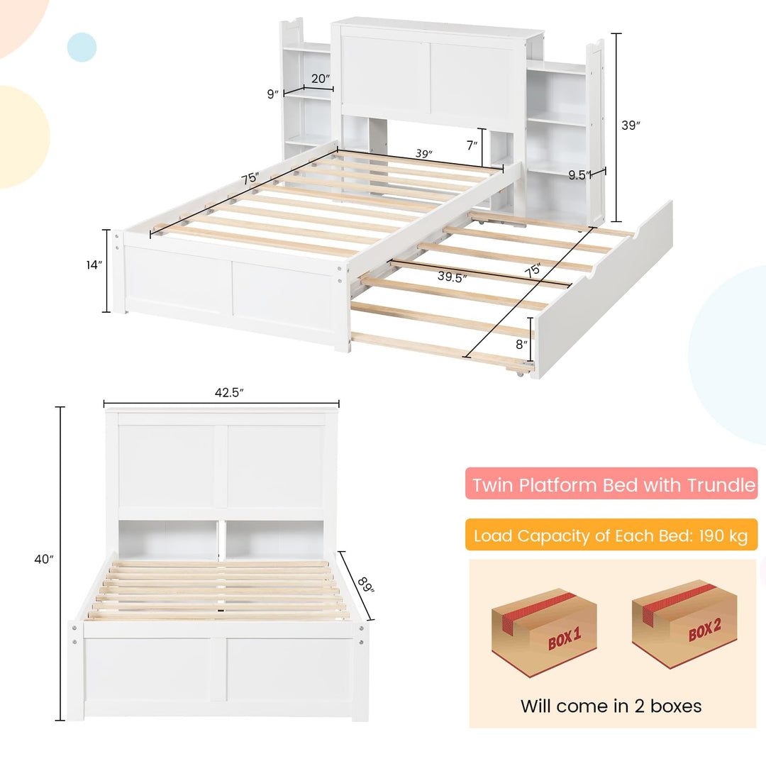 Giantex Full Bed Frame with Twin Trundle, Wooden Bed Wooden Bed Frame with 2 Rolling Bookcases &amp; High Headboard