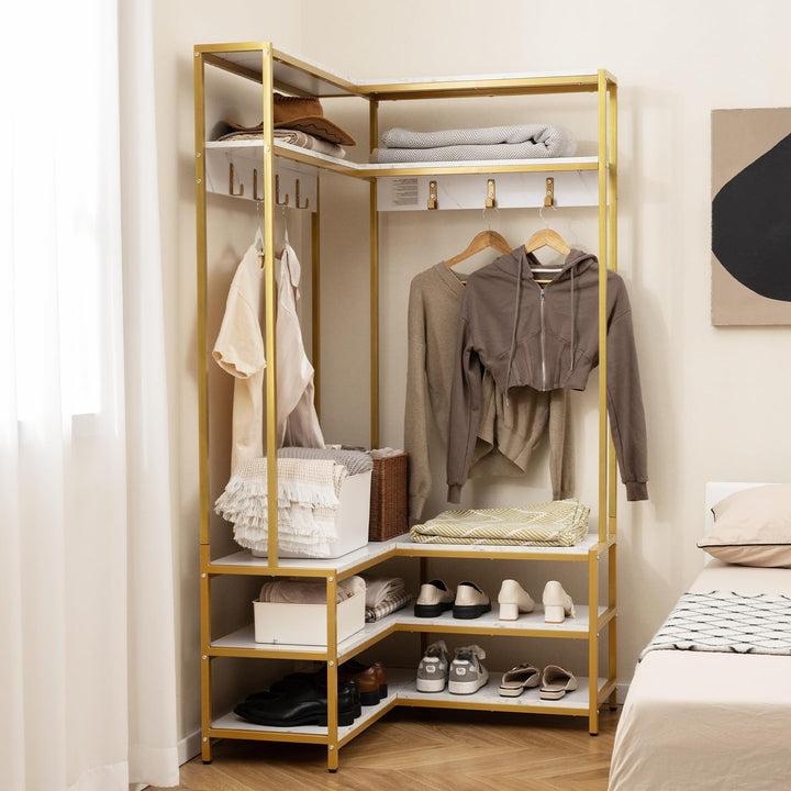Giantex Corner Coat Rack with Shoe Bench, L-shaped Garment Rack with 5 Shelves &amp; 7 Hooks