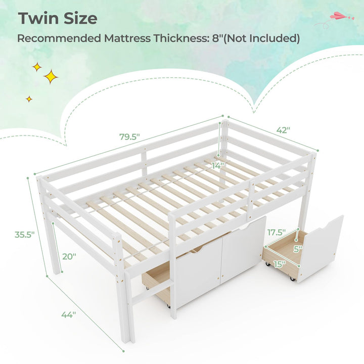 Giantex Twin Low Loft Bed with 3 Drawers, Wooden Loft Bed Frame with Ladder &amp; Full-length Guardrails