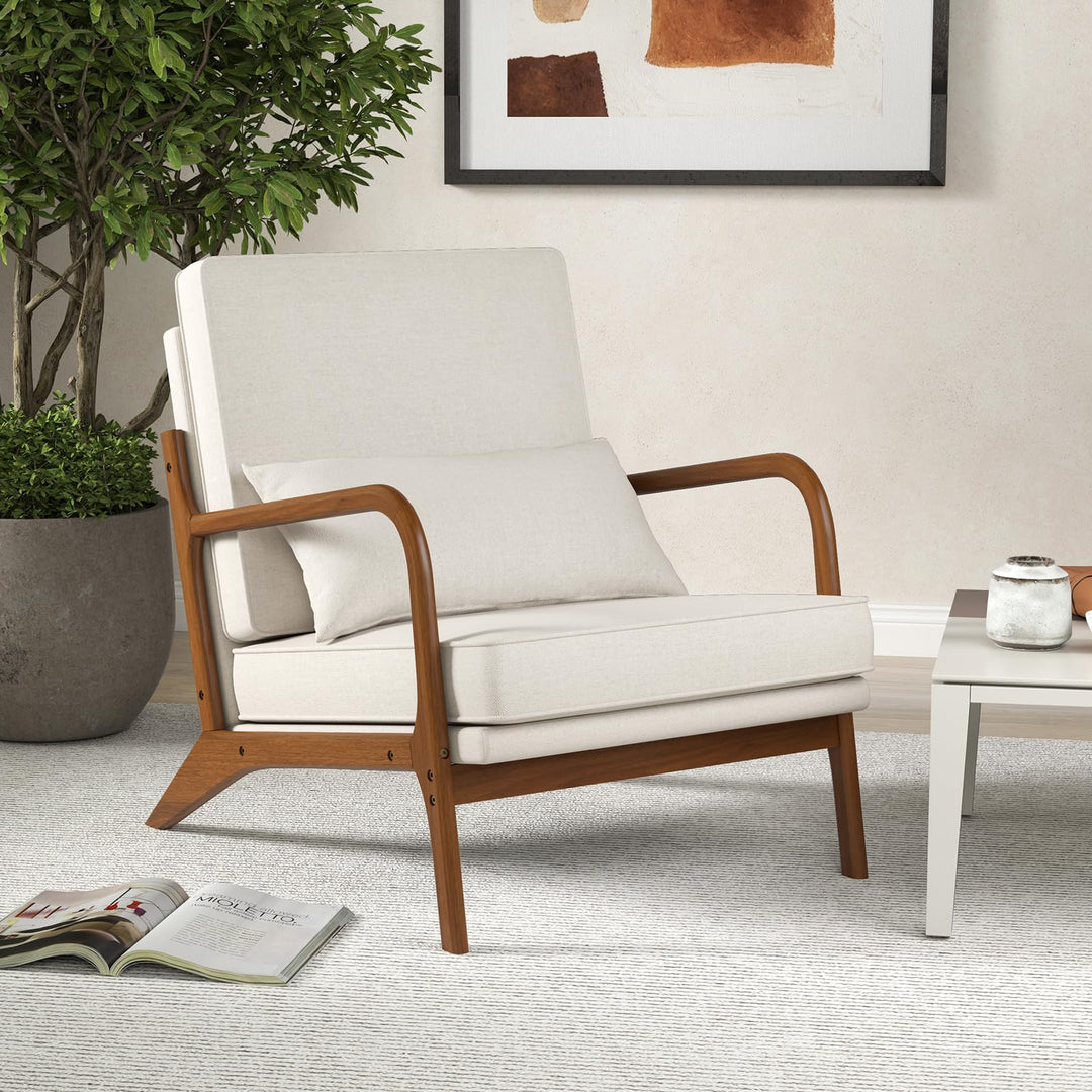 Giantex Mid Century Modern Accent Chair, Upholstered Armchair with Pillow, Rubber Wood Armrests &amp; Legs