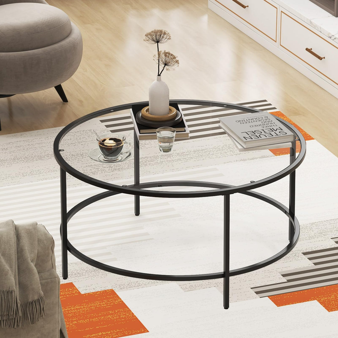 Giantex 35.5”D Round Coffee Table - Modern Coffee Table with Tempered Glass Tabletop