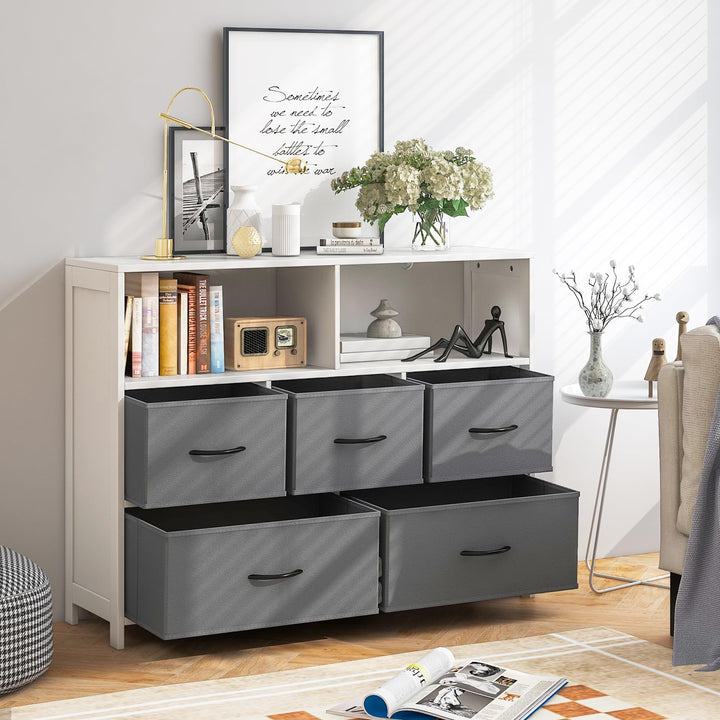 Giantex Storage Cabinet with 5 Drawers &amp; 2 Cube Shelves, Chest of Drawers, Console Table, White &amp; Grey
