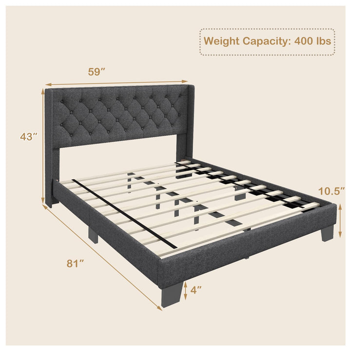 Giantex Queen/Full/Twin Size Bed Frame with Button Tufted Headboard, Modern Fabric Upholstered Platform Bed with Wingback Design, Grey