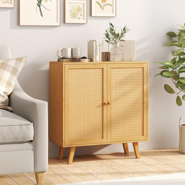 Giantex 2 Tier Bamboo Sideboard with PE Rattan Decorated Doors