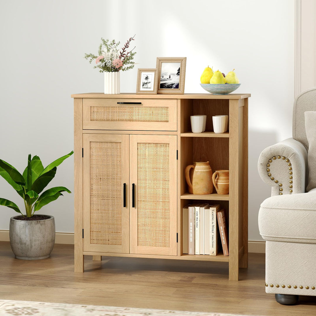 Giantex Buffet Cabinet with 2 Doors, Drawer 3 Open Cubbies Adjustable Shelf (Natural)