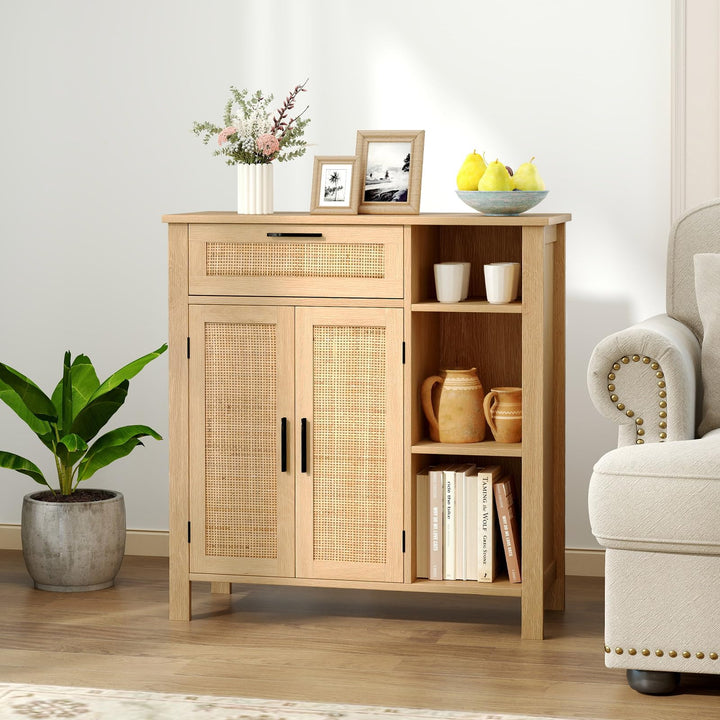 Giantex Buffet Cabinet with 2 Doors, Drawer 3 Open Cubbies Adjustable Shelf (Natural)