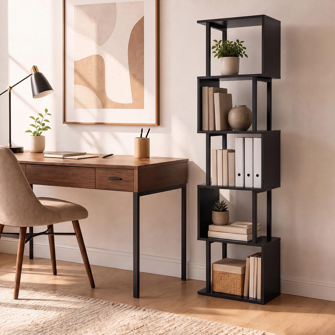 GIANTEX 5-Tier S-Shaped Wood Bookcase w/Metal Frame (1/2)