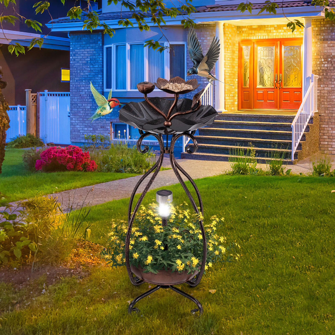 Giantex Bird Bath with Planter - Solar Lighted Bird Bath for Outside with Bird Feeder