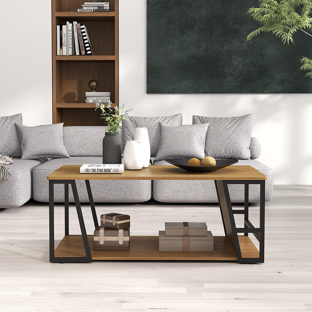Giantex Rectangle Coffee Table 2-tier Industrial Accent Table with Storage Shelf and Compartment