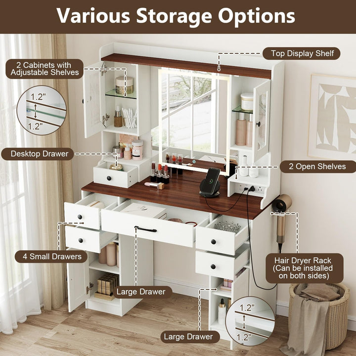 CHARMAID 41.5 Inch Makeup Dressing Table with Power Outlets and 3 Color Lighting Modes