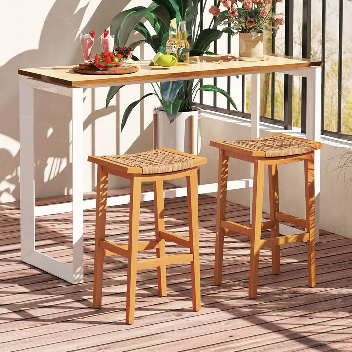 Giantex Outdoor Wooden 29" Bar Stools Set of 2/4 Backless Patio Barstools with PE Rattan Saddle Seat &amp; Footrest