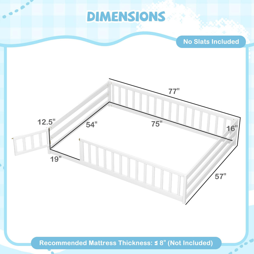 Giantex Floor Bed with Door &amp; Fence Kids Wood Montessori Beds with Safety Guardrails
