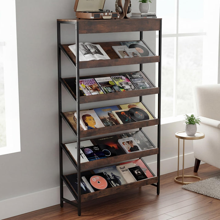 Giantex 6-Tier Industrial Tall Bookcase with Angled Shelves and Metal Frame