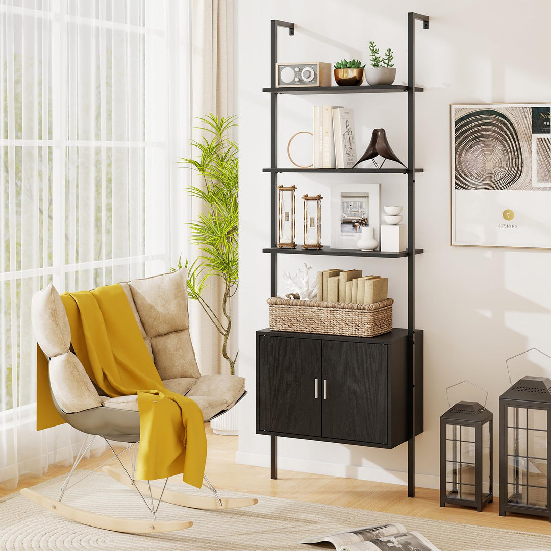 Giantex 5-Tier Wall-Mounted Ladder Shelf 72.5" Tall Bookshelf w/ 2-Door Cabinet