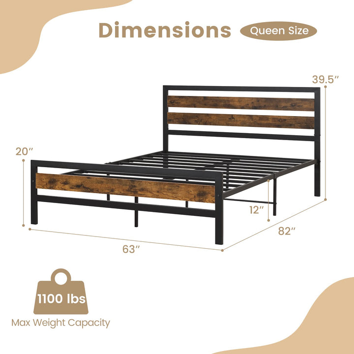 Giantex Queen Metal Platform Bed Frame with Wooden Headboard &amp; Footboard, Rustic Brown