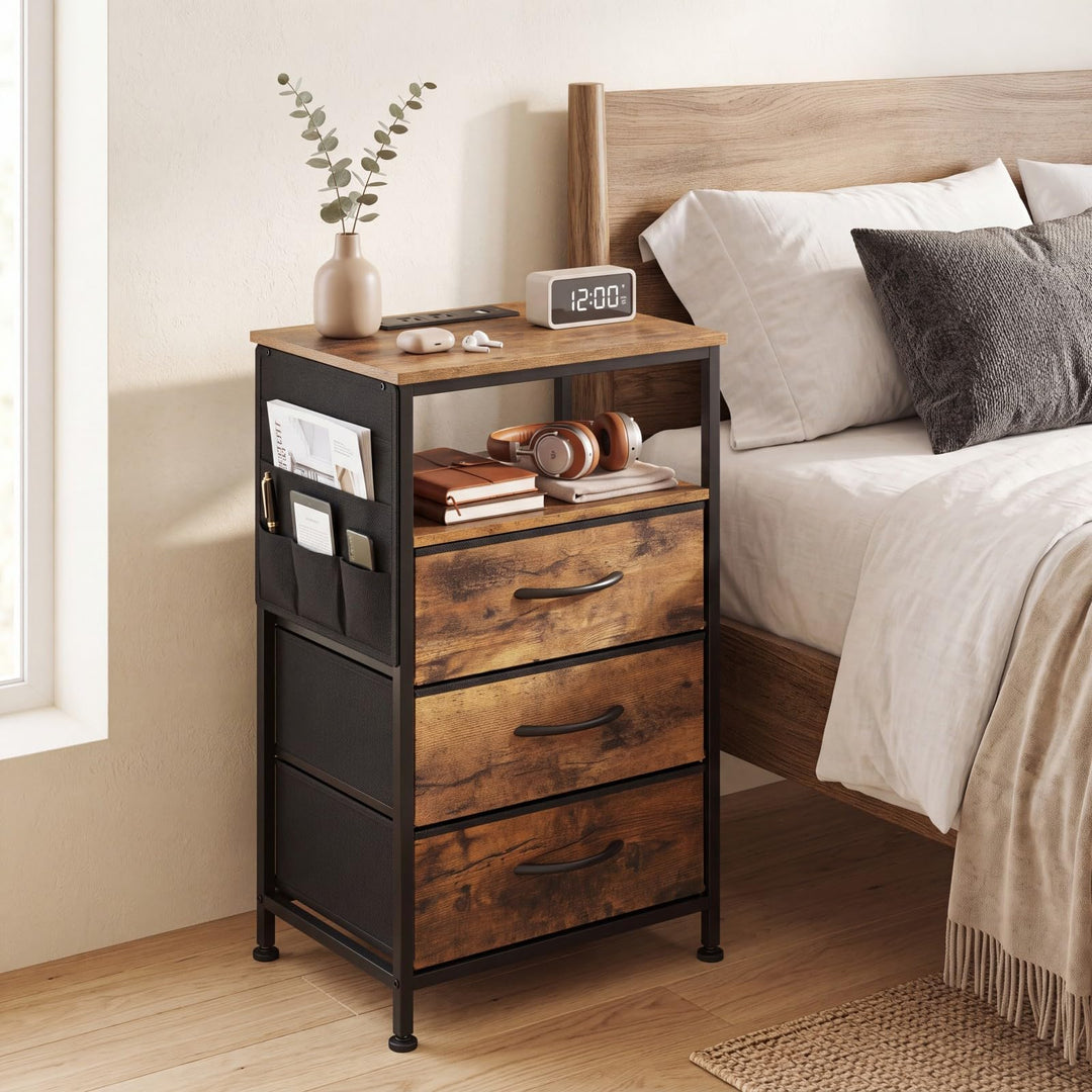 GIANTEX 27.5" Nightstand with Charging Station &amp; 3 Fabric Drawer (1/2)