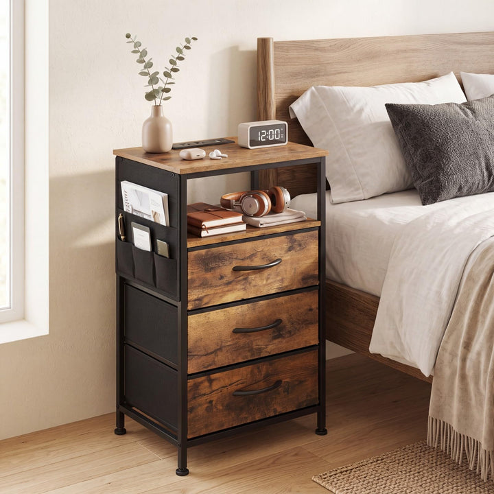 GIANTEX 27.5" Nightstand with Charging Station &amp; 3 Fabric Drawer (1/2)