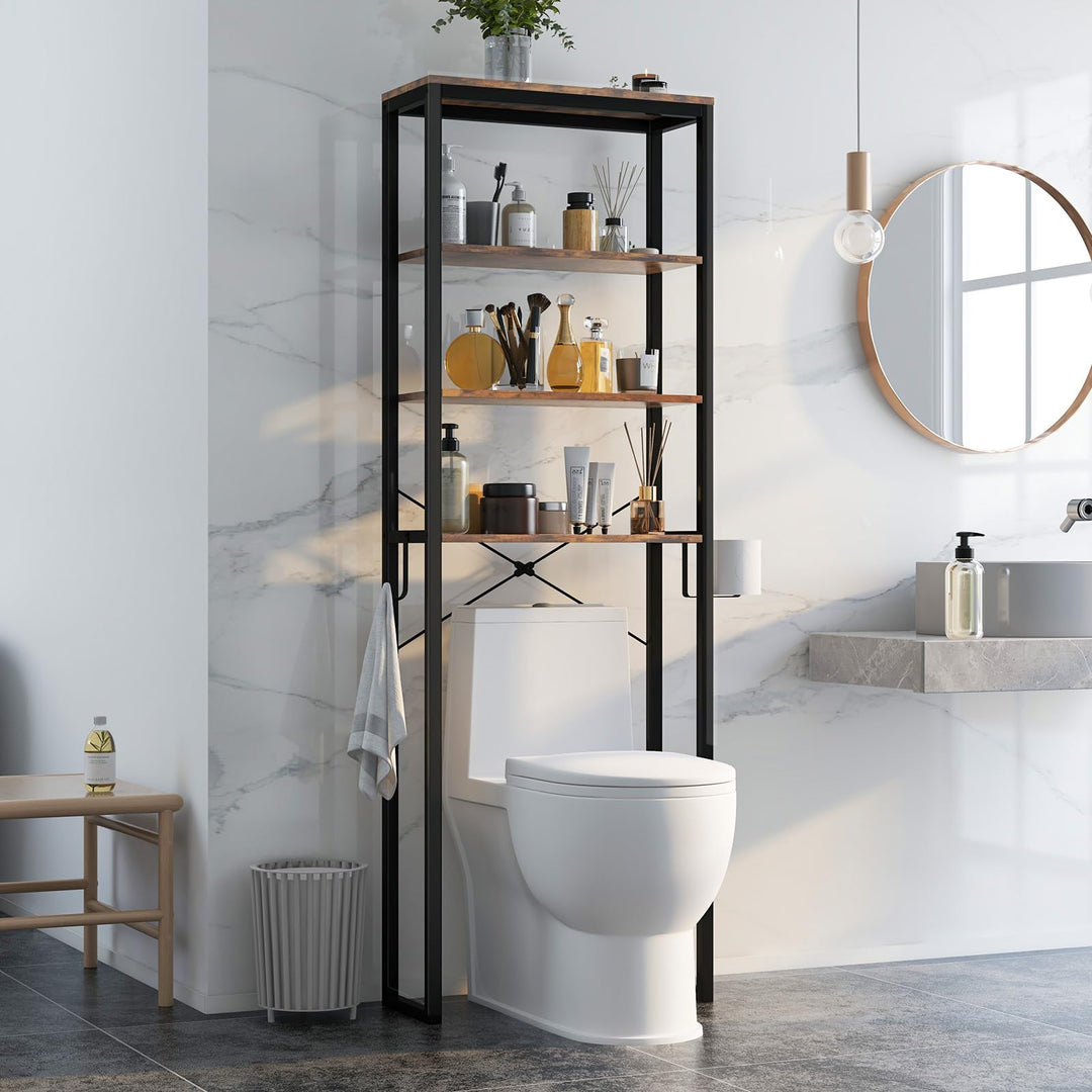 Giantex Over The Toilet Storage Rack, 4-Tier Wooden Bathroom Space Saver w/Metal Frame &amp; 2 Hooks