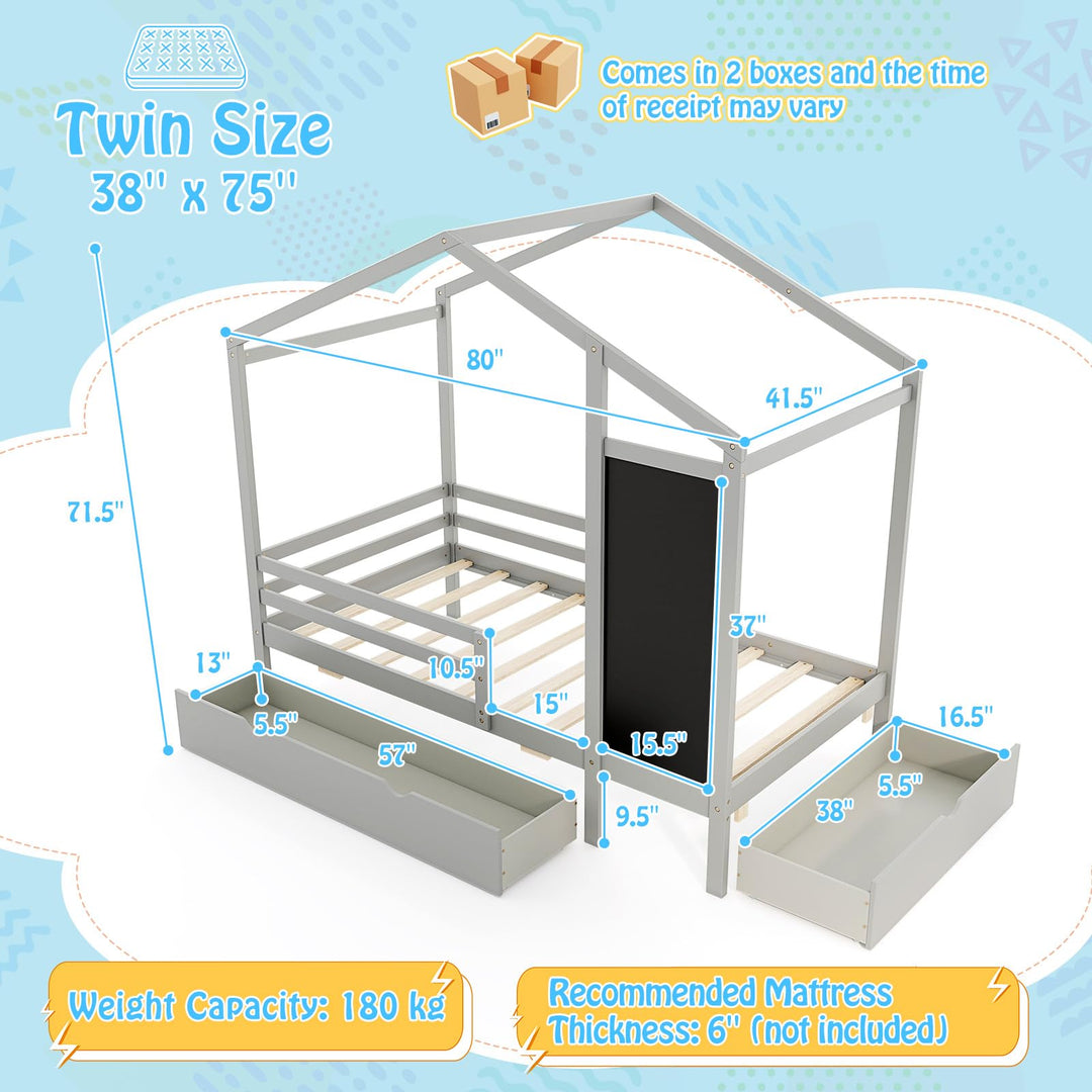 Giantex Twin Bed with 2 Storage Drawers, Solid Wood House Bed with Blackboard &amp; Safety Guardrails