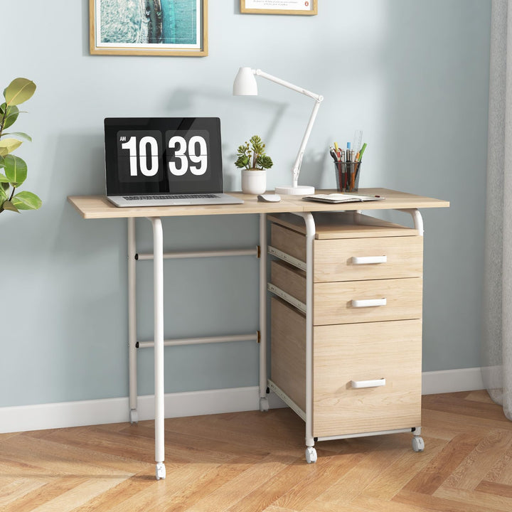 Giantex Folding Desk for Small Space, Rolling Home Office Desk with 3 Drawers &amp; Lockable Universal Wheels