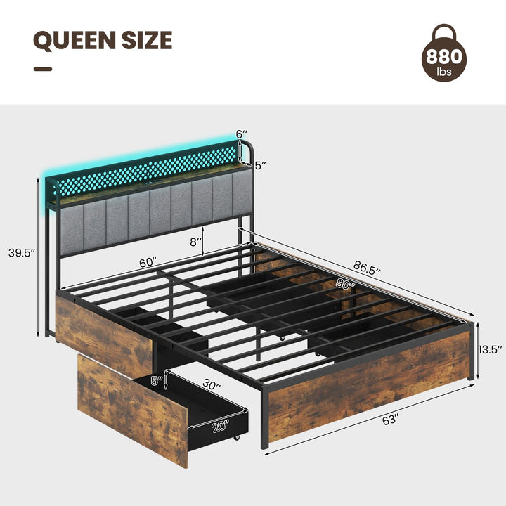 Giantex Queen/Full/Twin Size LED Bed Frame with Charging Station, Metal Platform Bed with Upholstered Headboard &amp; 4 Storage Drawers