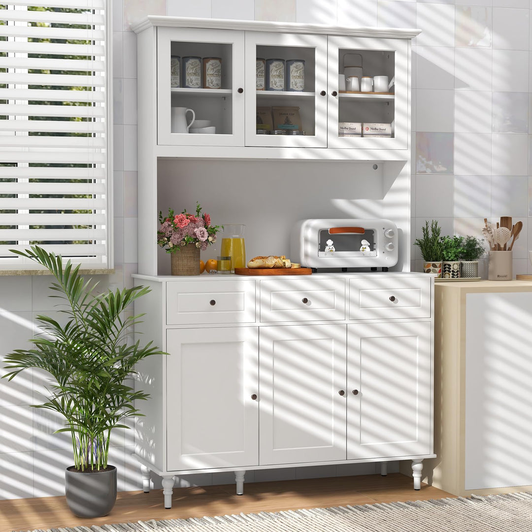 Giantex Pantry Cabinet, 77” Tall Buffet Cabinet with Hutch, LED Lights &amp; Charging Station
